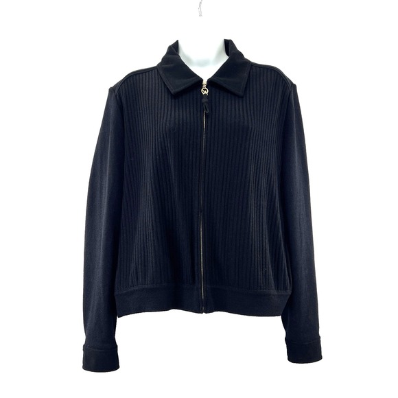 St John Sport Santana Knit Womens L Black Zip Up Cardigan Spell Out Old Money